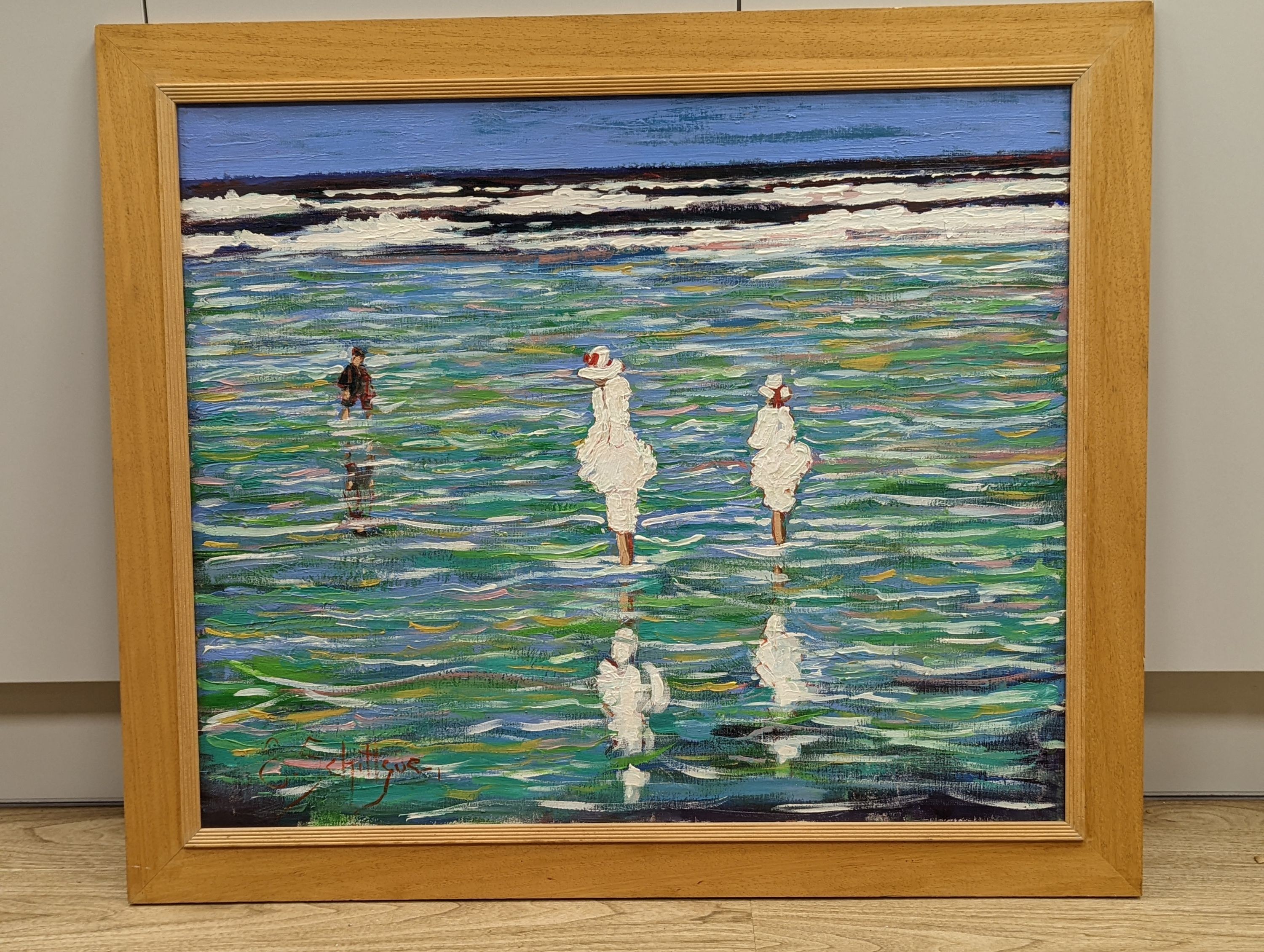 E. Schitigue, oil on canvas, Figures on the shore, signed, 62 x 75cm